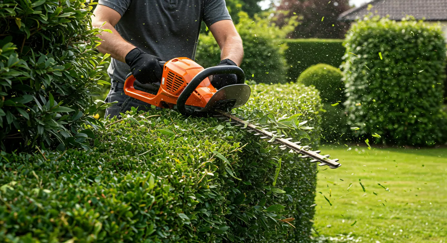 Gärtner schneidet Hecken mit Elektroschere in gepflegtem Garten.